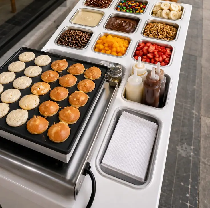 Estación de mini hotcakes en vivo con toppings, preparada por Bliss Mini en un evento en León, Guanajuato